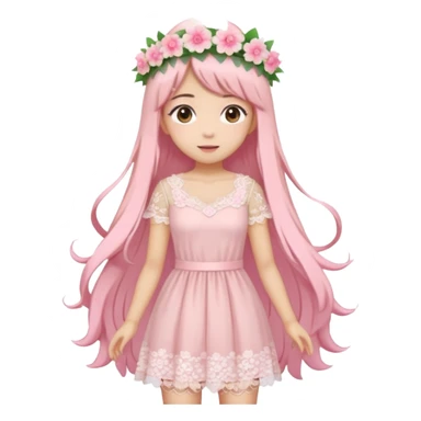 pastel anime woman with pink and white lace dress full body and long hair with flower crown sticker