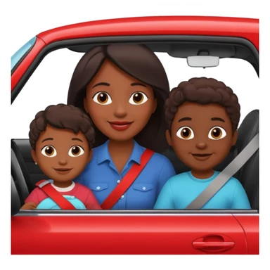 Dark Skin mom with two children, one young boy and a baby girl in a car red sticker