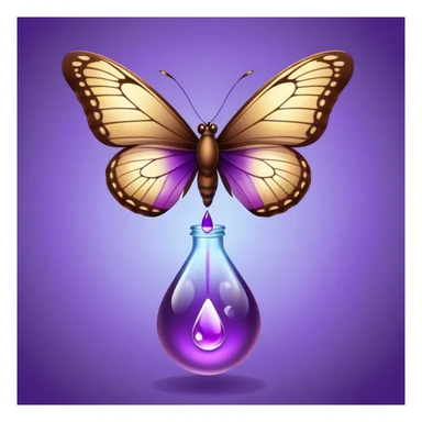 Small brown bottle floating with dim light, with a purple drop suspended in the air, slowly spinning in front of a luminous butterfly representing the thyroid sticker