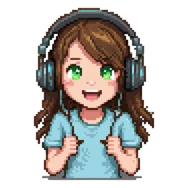 brown-haired gamer girl, excited expression, headphones, head only, emote sticker