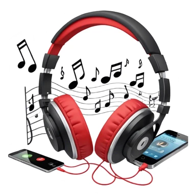 Icon for R&B Music Listening: a pair of high-quality headphones with a music player and speaker beside it, surrounded by musical notes and a subtle background of R&B-related elements like smooth grooves or a microphone and raper's hat. Transparent background. sticker