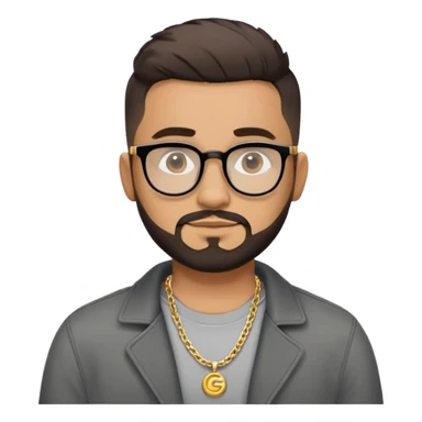 Hombre latino piel marron claro, cara estirada ovalada, gafas redondas oscuras, barba corta, pelo muy corto fade a los lados medio risado. Sonrisa leve, expresión tranquila. Camiseta gris, jacket negro abierto, collar G dorado sticker