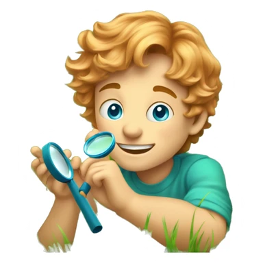 Little boy with blue/turquoise eyes, no glasses, and strawberryblonde wavy hair crouching down low in a lot of green grass. He is holding a magnifying glass, closely examining nature and looking happy/curious sticker