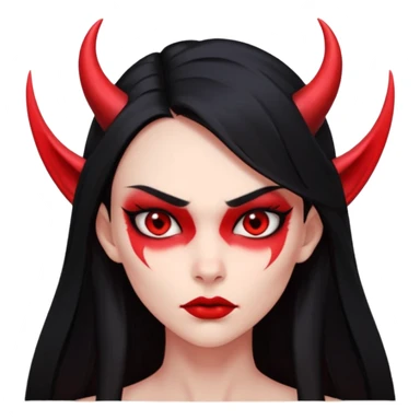 Head only demon girl, strong pronounced cheekbones, sharp angular jawline, skin fully pure red everywhere, long straight sleek black hair, small ho sticker