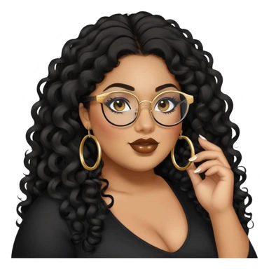 big plus size, latina, darker tan skin, gold hoops, long black curly hair, baddie,pretty, makeup, lipgloss, black eyeliner, long hair, black top, black glasses sticker