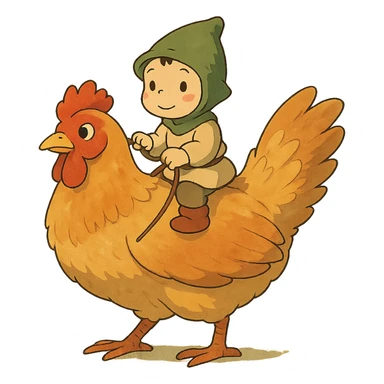 ghibli style chicken jockey small character riding a chicken sticker