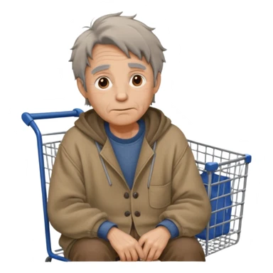 A man in oversized old clothes sat next to a shopping cart half body, looking around with gentle, hopeful eyes. sticker
