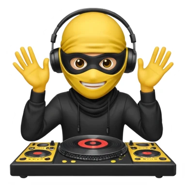 Make a customized yellow head emoji with hands and holding a dj turn table  in a ninja face mask sticker