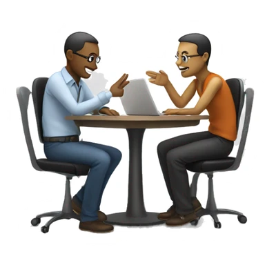 An emoji showing two people sitting at a round table with a laptop and papers, discussing about AI in a collaborative and professional way. sticker