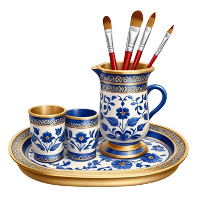 Metal painting icon, a metal vase, tray and metal cup with brushes, each decorated with different techniques: Gzhel-style blue floral patterns, Chinese red and gold designs, and intricate Golden embroidery-style details. Visible fine paintbrush, paint pots, and accessories like porcelain palette, minimalistic style, clean lines, transparent background. sticker