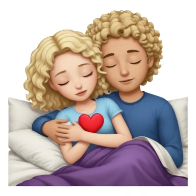 cuddling in bed, asleep. wavy haired blonde girl. man with curly,  dark brown hair. eyes closed. heart between them. no headboard sticker