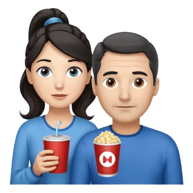 middle-aged couple Watches a movie in the living room • Physical description: • man: brown eyes; very short grayish-black hair • woman: Long wavy silver grayish-brown hair tied in a ponytail; blue eyes sticker