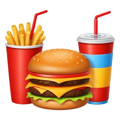 A clean and simple icon of fast food in emoji-style illustration. A burger with fries and a soda cup, bright and bold colors, simple shapes, flat design, high contrast, inviting and appetizing. sticker