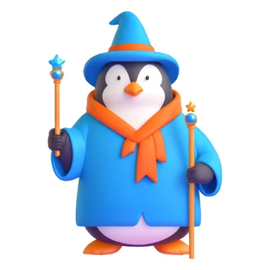 penguin wizard with a blue robe and sparkly wand sticker