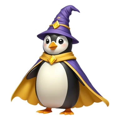 "A wizard penguin with a yellow hat and a long, flowing cape. The penguin is floating slightly above the ground, surrounded by swirling magical energy and glowing runes in the airyellow wizard hat sticker