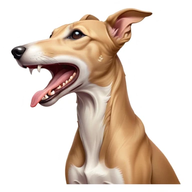 Cinematic Cute Yawning Fawn Greyhound Portrait Emoji, Head tilted slightly with a dramatic, wide-open yawn, showcasing a smooth fawn Fur with a refined finish, floppy ears slightly drooping, round eyes barely open in drowsy contentment, Simplified yet irresistibly adorable features, highly detailed, glowing with a soft, cozy glow, high shine, relaxed yet expressive, stylized with a touch of whimsy, bright and endearing, soft glowing outline, capturing the essence of a sleepy yet affectionate companion, so drowsy it feels like it could stretch out of the screen and curl up for a nap! sticker