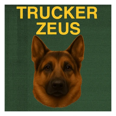 Apply maximum compression to reduce file size as much as possible while keeping transparency, realistic German Shepherd, and yellow 'Trucker Zeus' text. sticker