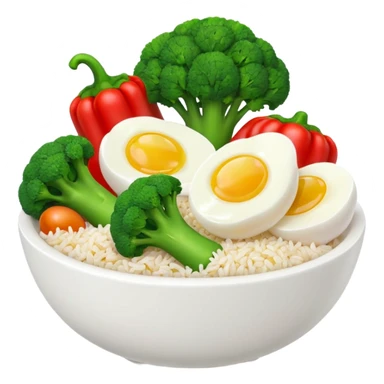 3D food emoji, glossy, smooth shapes, premium style,
broccoli, red bell pepper, rice bowl, chicken breast,
boiled eggs, vitamins bottle,
light warm background
 sticker