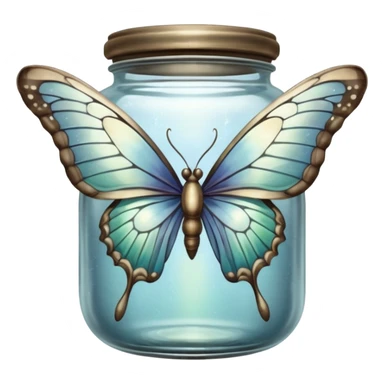 A silver butterfly traped in an old jar sticker