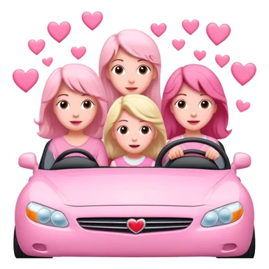 A mom, two daughters, and one son driving in pink convertible with hearts blowing behind sticker