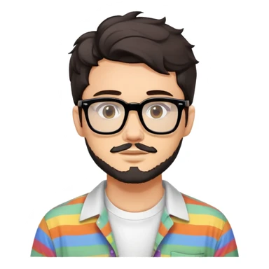 young adult man with light skin, short beard, dark wavy hair, relaxed expression, very wide rectangular glasses with thick black acetate frame and thick double bridge, retro oversized style, colorful open shirt and white t-shirt sticker