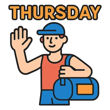 a sportsman holding his gymbag waving his hand goodbye. The word Thursday is above the sportsman sticker