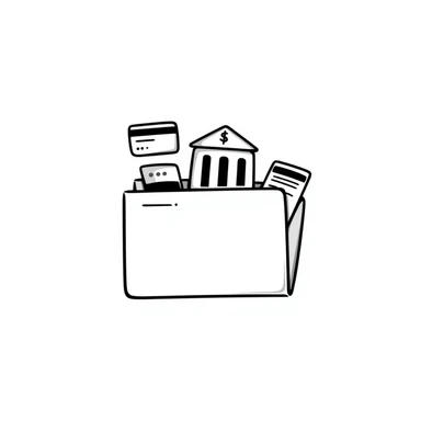 Closed folder icon with small symbols floating around: bank building, credit card, calculator, and document – organized financial archive sticker