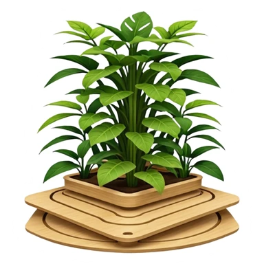 Very Large asymmetrical alien-futuristic multi-tier multi-level square plant rack, which holds thirty-five plants, constructed from plywood sticker