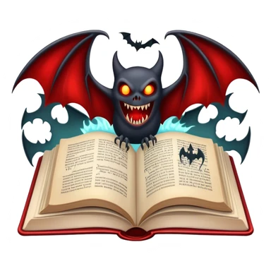 Icon for Horror & Mystery Reading: an open book with eerie glowing symbols, from which rise vampire Dracula with fangs, flying bats, a zombie hands. Surrounding elements. Transparent background. sticker