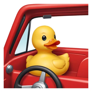 yellow rubber ducky at the steering wheel driving a red truck sticker