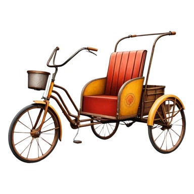 ​Cinematic Realistic Tricycle Rickshaw, depicted as a vintage manually operated vehicle featuring two front wheels and a single rear wheel, rendered with detailed rustic textures, vibrant colors, and dynamic urban lighting that captures its unique design and cultural charm, sticker