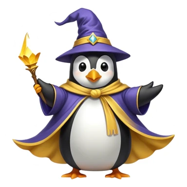 A wizard penguin with a yellow hat and a long, flowing cape. The penguin is floating slightly above the ground, surrounded by swirling magical energy and glowing runes in the airyellow wizard hat sticker