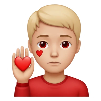 A red emoji that is sad and has a hand making a heart sticker