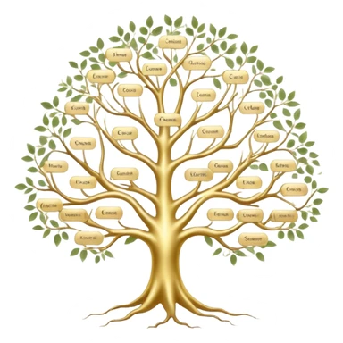 Tree of ancestral connections with ethereal, flowing branches linking generations, dreamy translucent family tree sticker