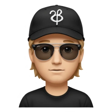 “Emoji of a white man with light brown hair under a black baseball cap, wearing a black t‑shirt and 1980s‑style black Ray‑Ban rectangle sunglasses, with black musical notes floating around his head, modern iOS emoji style. sticker