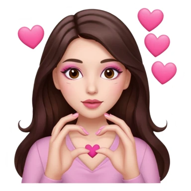 Pink and brown emoji, love emoji inspired with brunette hair, brown eyes, long hair, heart shape lips and pink make up making a heart with her hands and pink nails, mauve pink blush sticker