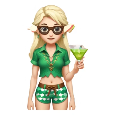 elf female legolas portrait, patterned board shorts (geometric/abstract), unique wooden-framed sunglasses, undercut hairstyle, slight smirk, visible pointy ears, no background, centered emoji, hipster summer vibe coctails  sticker