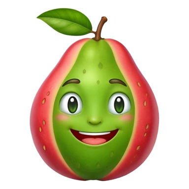 A cartoon guava character with a smiling face sticker