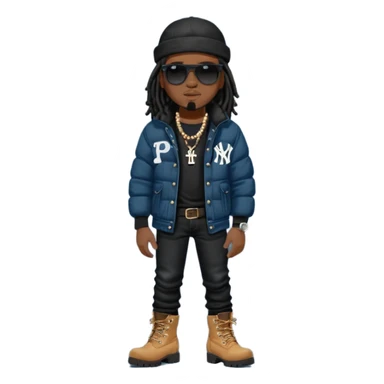 African American man with shoulder length black dreadlocks with black bead wearing black sunglasses with wearing denim skinny jeans wearing black bubble winter coat wearing black New York Yankees baseball hat and  timberland boots with arms folded sticker