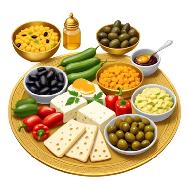 A beautifully arranged Middle Eastern breakfast spread, served in elegant golden plates., cucumbers, and bell peppers, along with olives, dates, and cheeses. There are also classic breakfast staples like scrambled eggs, cold cuts, honey, jam, and creamy cheeses.  sticker