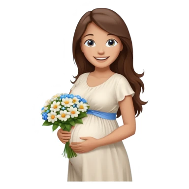 Create a cute emoji-style illustration of a young brunette woman with long brown hair, blue eyes, and a happy smile. She is pregnant, shown with a visible baby bump, wearing a simple white dress and holding a small bouquet of flowers. She looks excited and joyful, as if she's about to marry soon. sticker