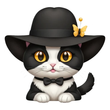 Chat blanc avec des tâches noir en costume, neud papillon et chapeau. sticker