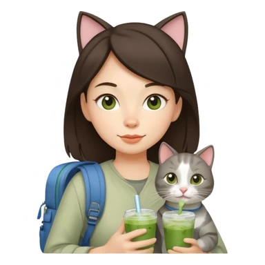 a brunette woman in here 30S drinking an iced matcha, carrying a grey cat and a map of the world sticker
