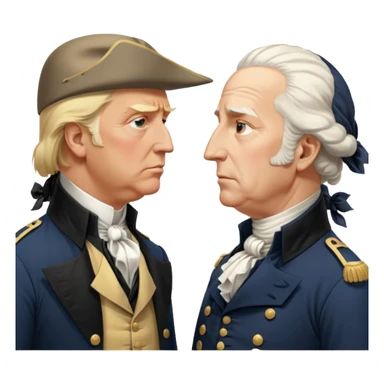 “Donald Trump and George Washington facing each other. Trump in a modern suit, visibly shocked. George Washington in colonial uniform, calm and silent. Realistic style, cinematic lighting.” sticker