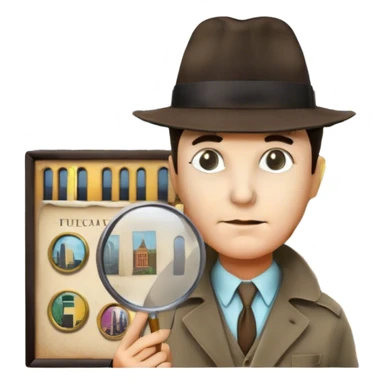 A colorful collage featuring iconic detective elements—magnifying glass, a fedora hat, a cigarette, a shadowy figure, and a mysterious city backdrop, a board with photos of suspects. Include subtle clues like fingerprints or a crime scene. Retro movie poster style. Transparent background. sticker