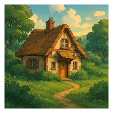 cozy cottage in a lush landscape with gentle lighting in ghibli style sticker