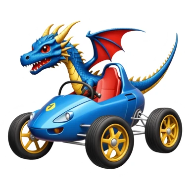 Special air-cooled three cylinder race car whose frame and suspension is made of shopping cart material with a large gas tank, and rear spoiler, is being professionally steered/driven by a small dark dragon  sticker