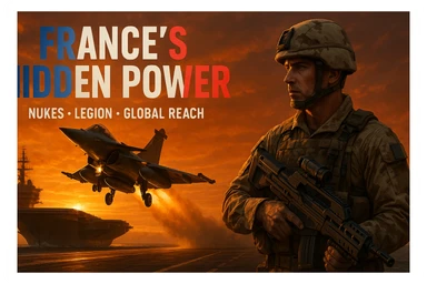 Epic 16:9 sunset: Rafale jet taking off from Charles de Gaulle carrier, orange sky. Foreground: French Foreign Legionnaire in desert camo with a sci-fi rifle. Bold French flag-colored headline: ‘FRANCE’S HIDDEN POWER’. Subtext: ‘Nukes • Legion • Global Reach’. 8K, dramatic lighting, cinematic and epic style. sticker