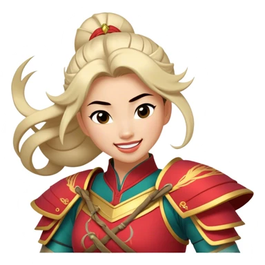 Cinematic Playful Mulan Portrait Emoji, Mid-laugh with a strand of hair falling over her face, adjusting her armor, eyes full of adventure, exuding an irresistible mix of beauty and fun, the perfect blend of warrior and princess! sticker