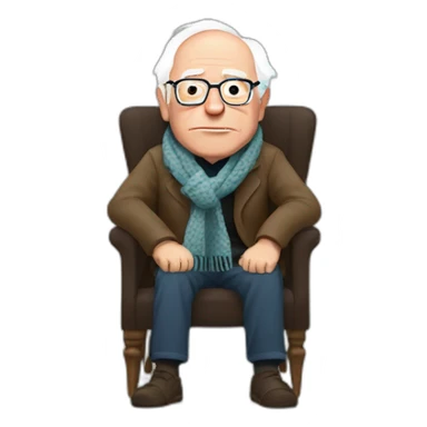 Bernie sanders sitting in chair with legs and arms crossed wearing a scarf sticker